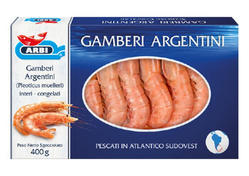 Gamberi argentini interi, pack prodotto–Arbi