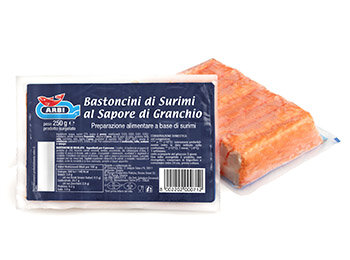 [Translate to English:] Bastoncini di pesce surimi al sapore di granchio, pack prodotto–Arbi