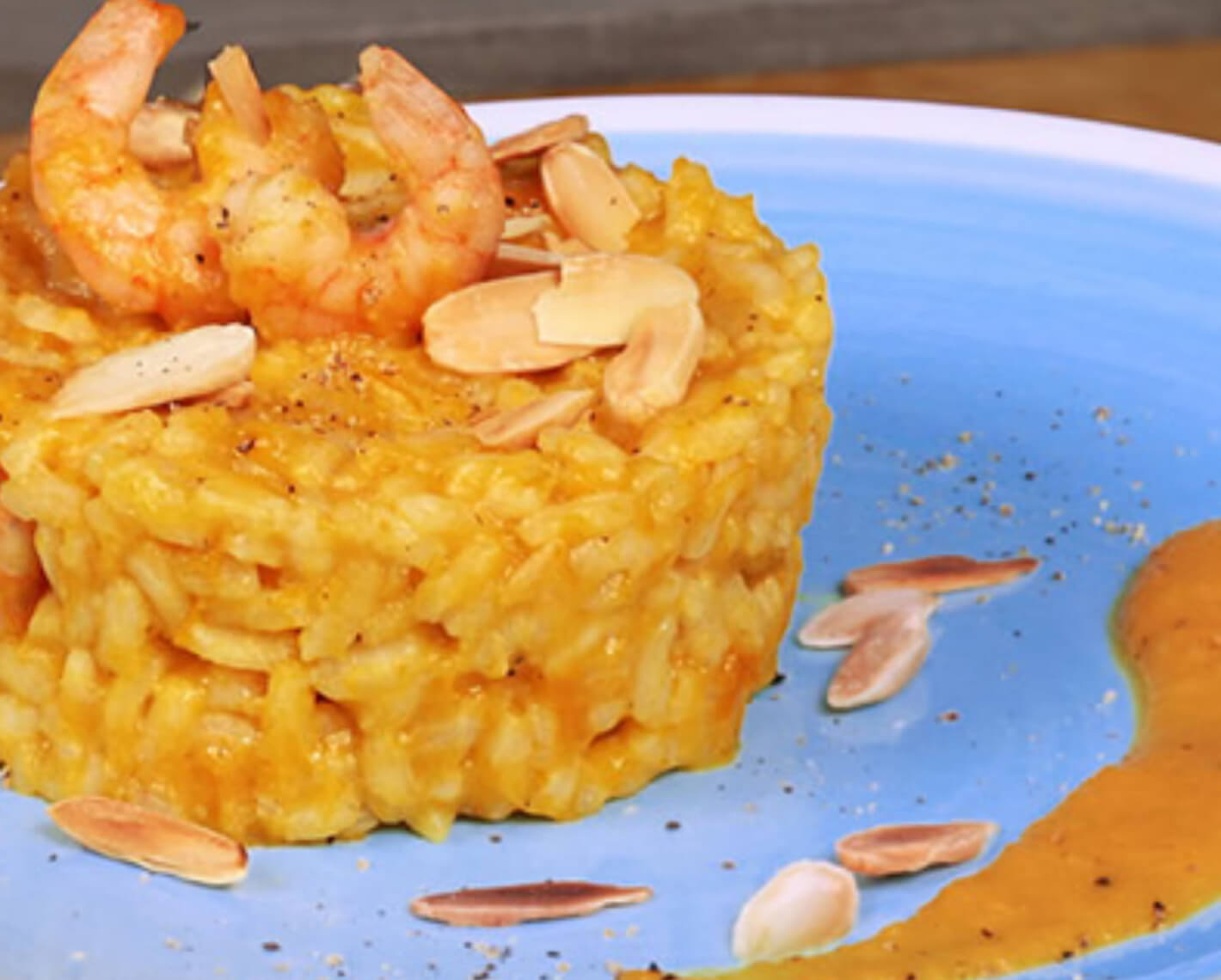 Squash risotto with peeled king prawns